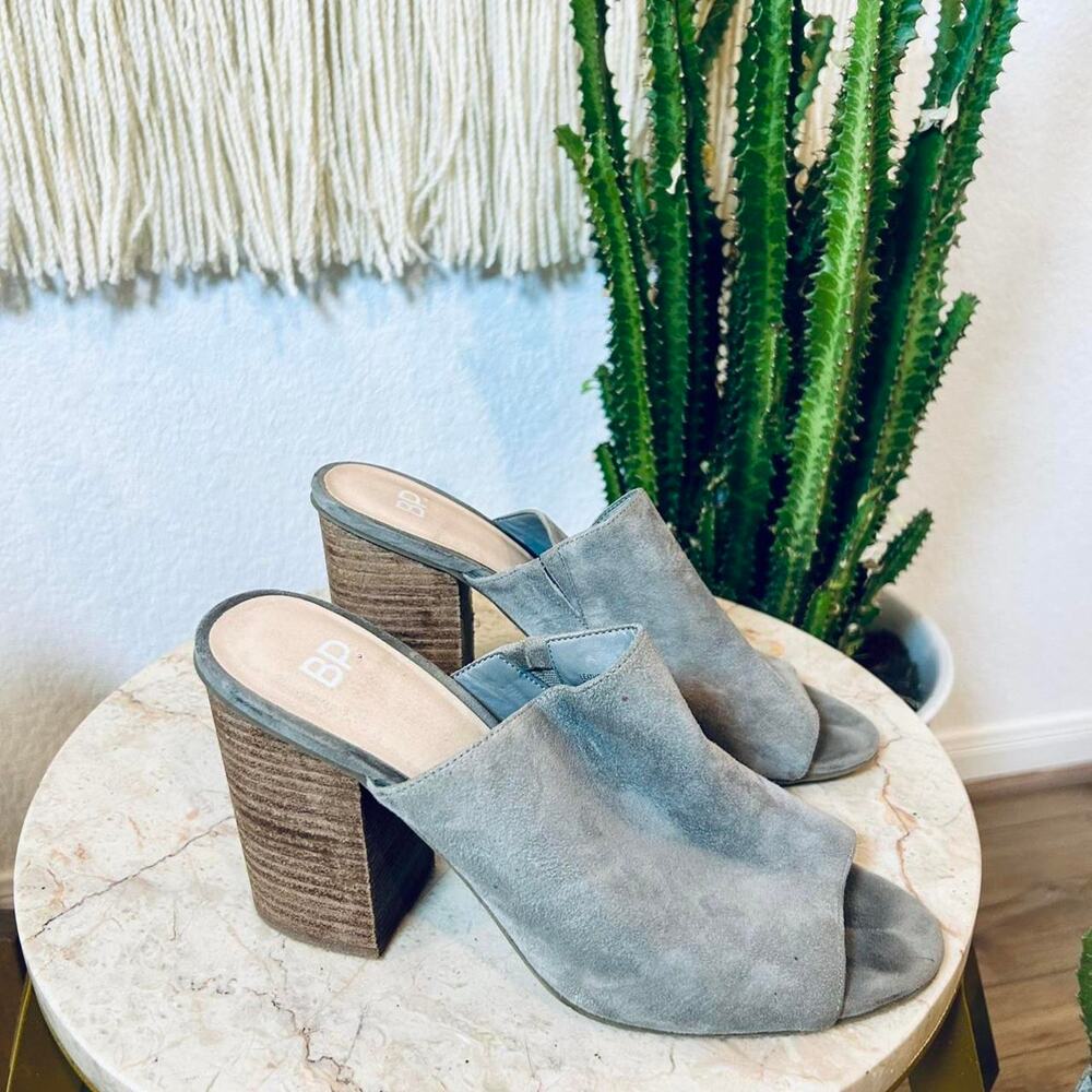 BP Grey suede‎ peep-toe mules with a chunky heel 8.5